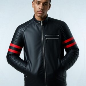 Black jacket with red stripes