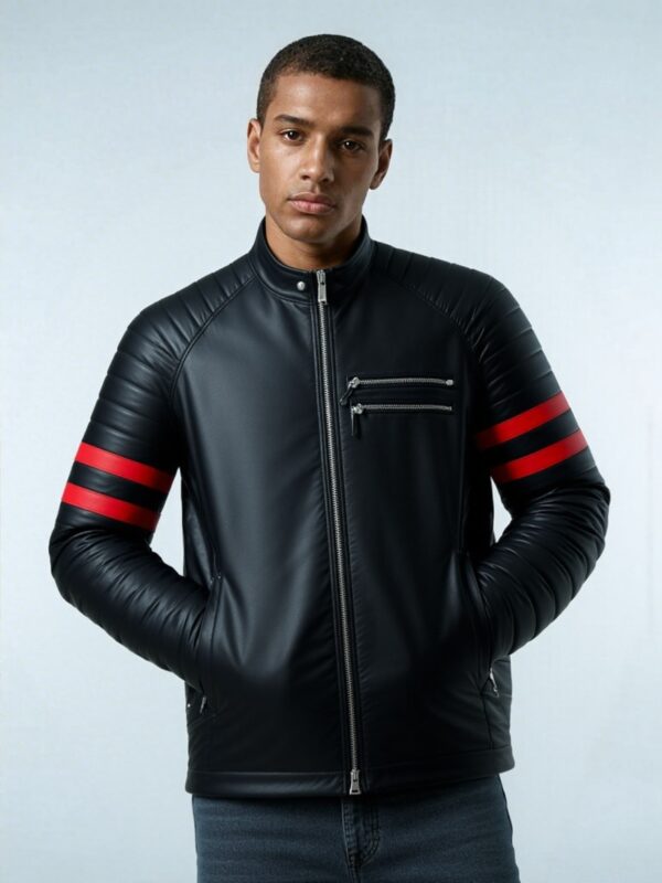 Black jacket with red stripes